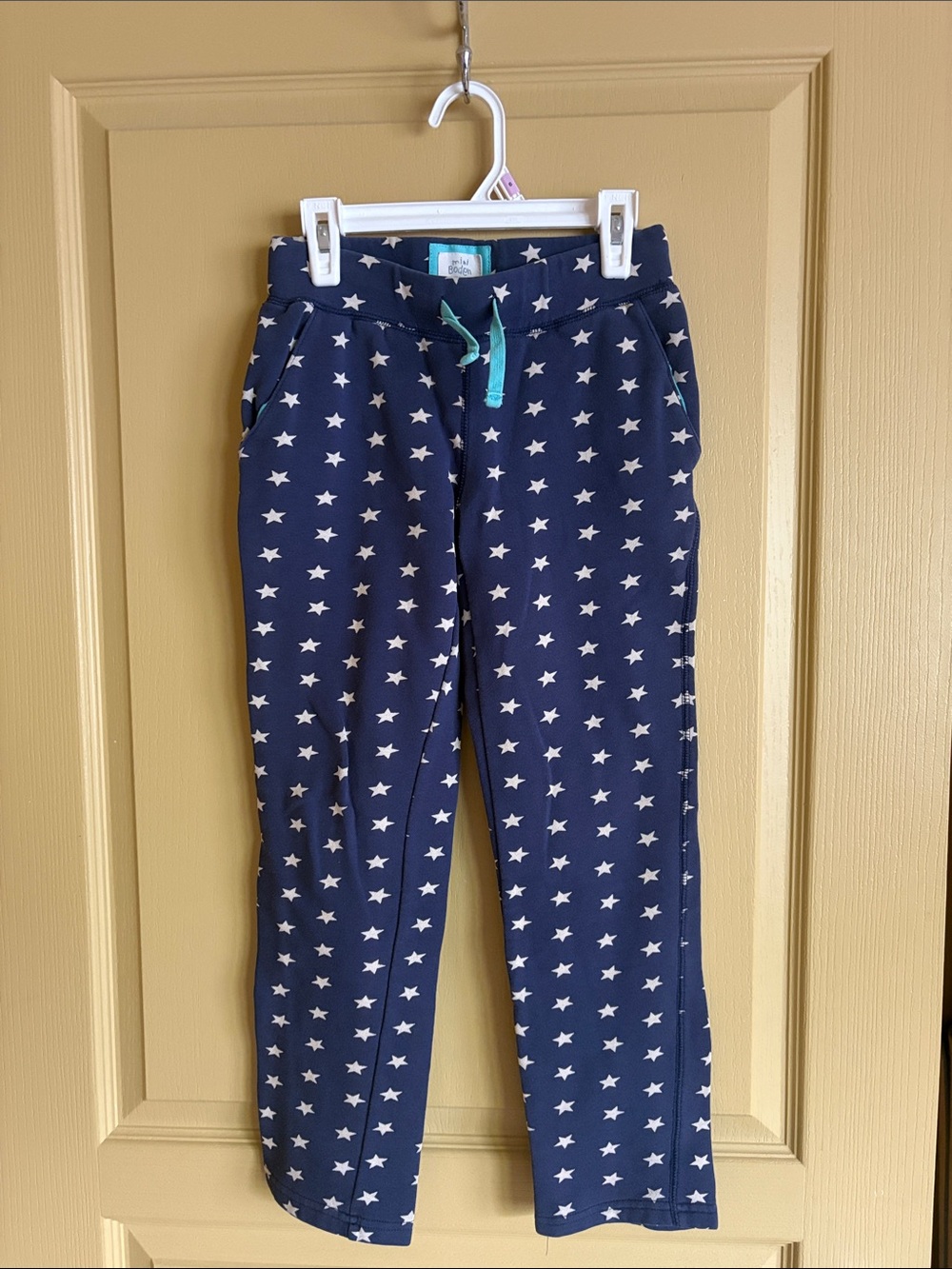 Mini Boden Navy Star Print Joggers with Turquoise Drawstring
